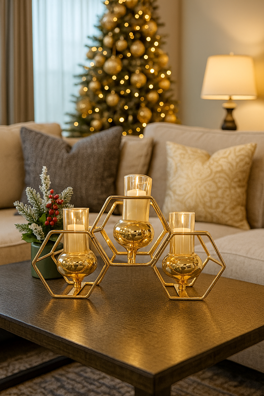 3-Cup Hexagonal Gold Candle Holder (22cm)