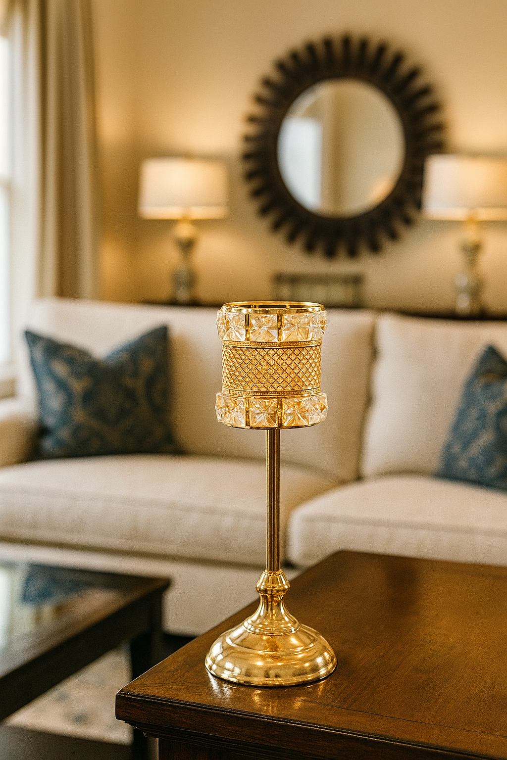 Crystal-Studded Gold Mesh Candle Holder (34cm)
