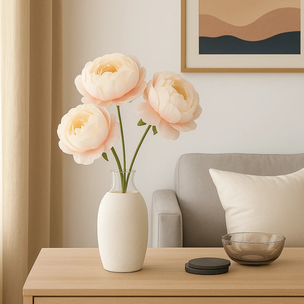 Vase with pink flowers on a wooden side table in a living room setting.