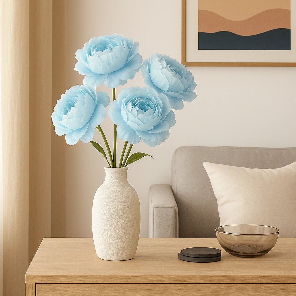 Light blue flowers in a white vase on a wooden dresser with a neutral-colored wall and framed artwork in the background.