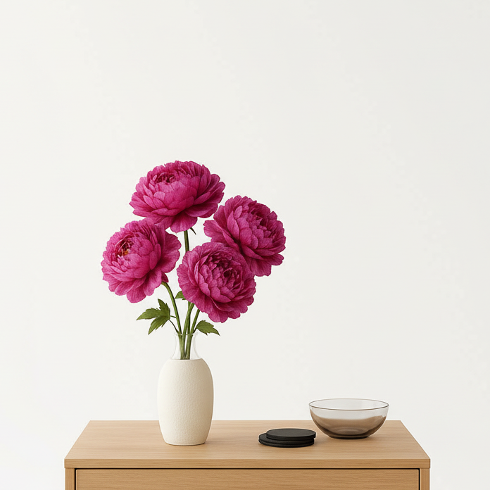 Vase with pink flowers on a wooden surface against a white background