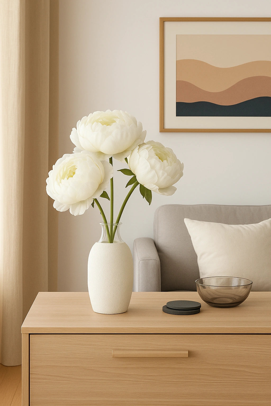 White peonies in a vase on a wooden side table with a sofa and wall art in the background.