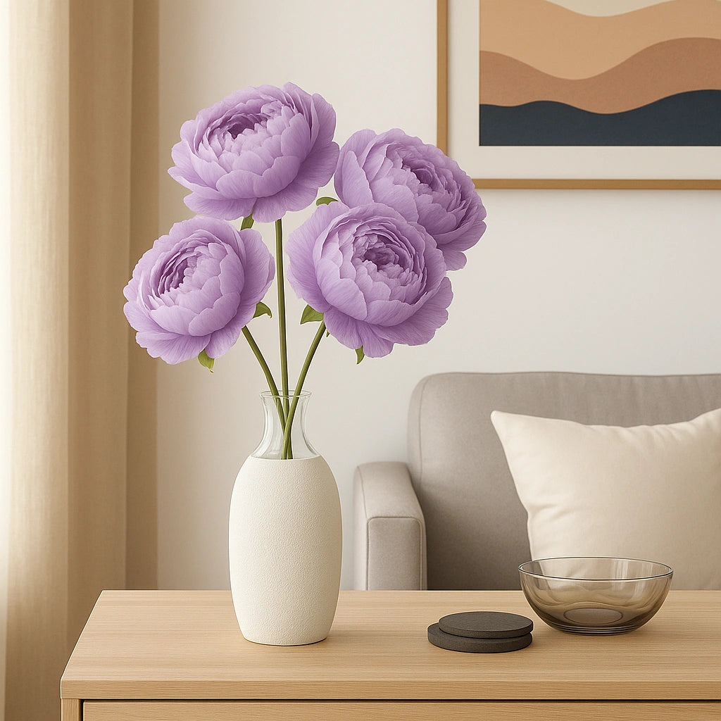 Vase with purple flowers on a wooden nightstand in a bedroom setting.