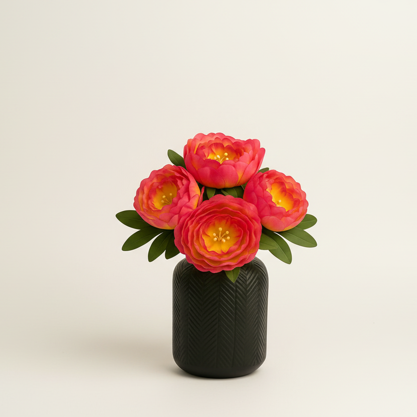 Small black vase with pink flowers on a light beige background
