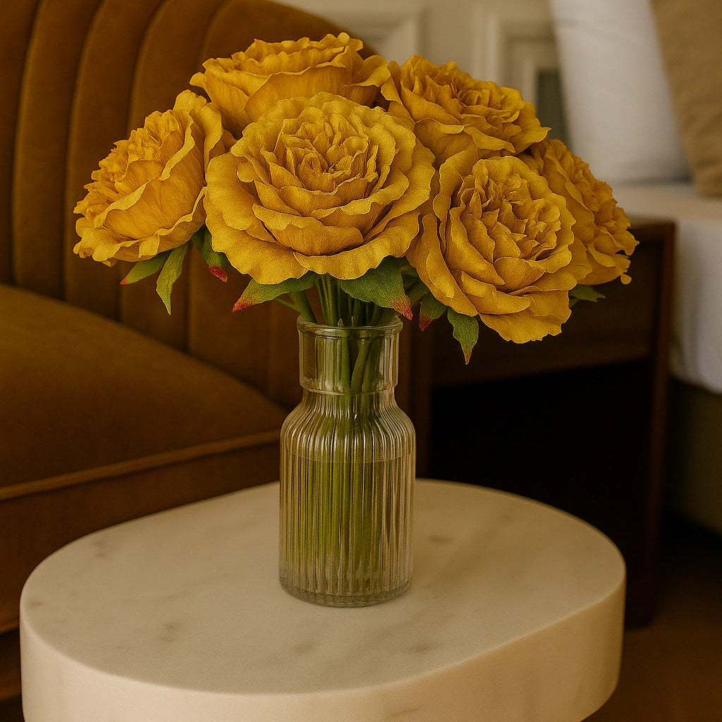 Yellow flowers in a vase on a marble table with a blurred background