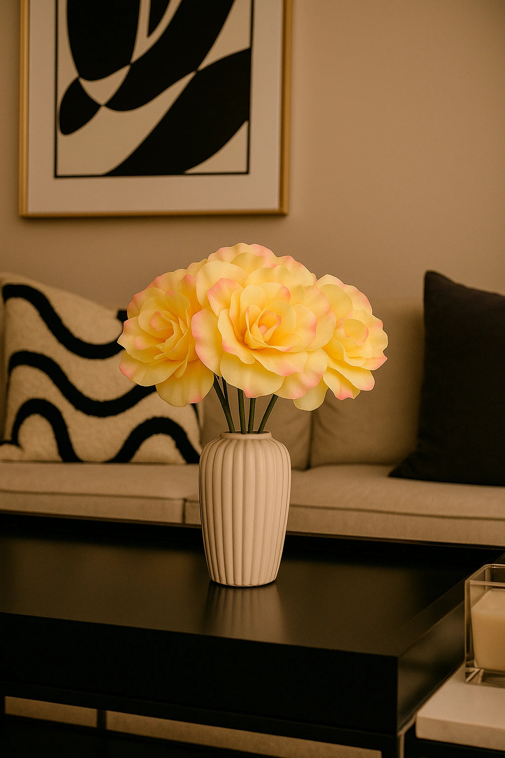 Vase with yellow flowers on a coffee table in a living room setting