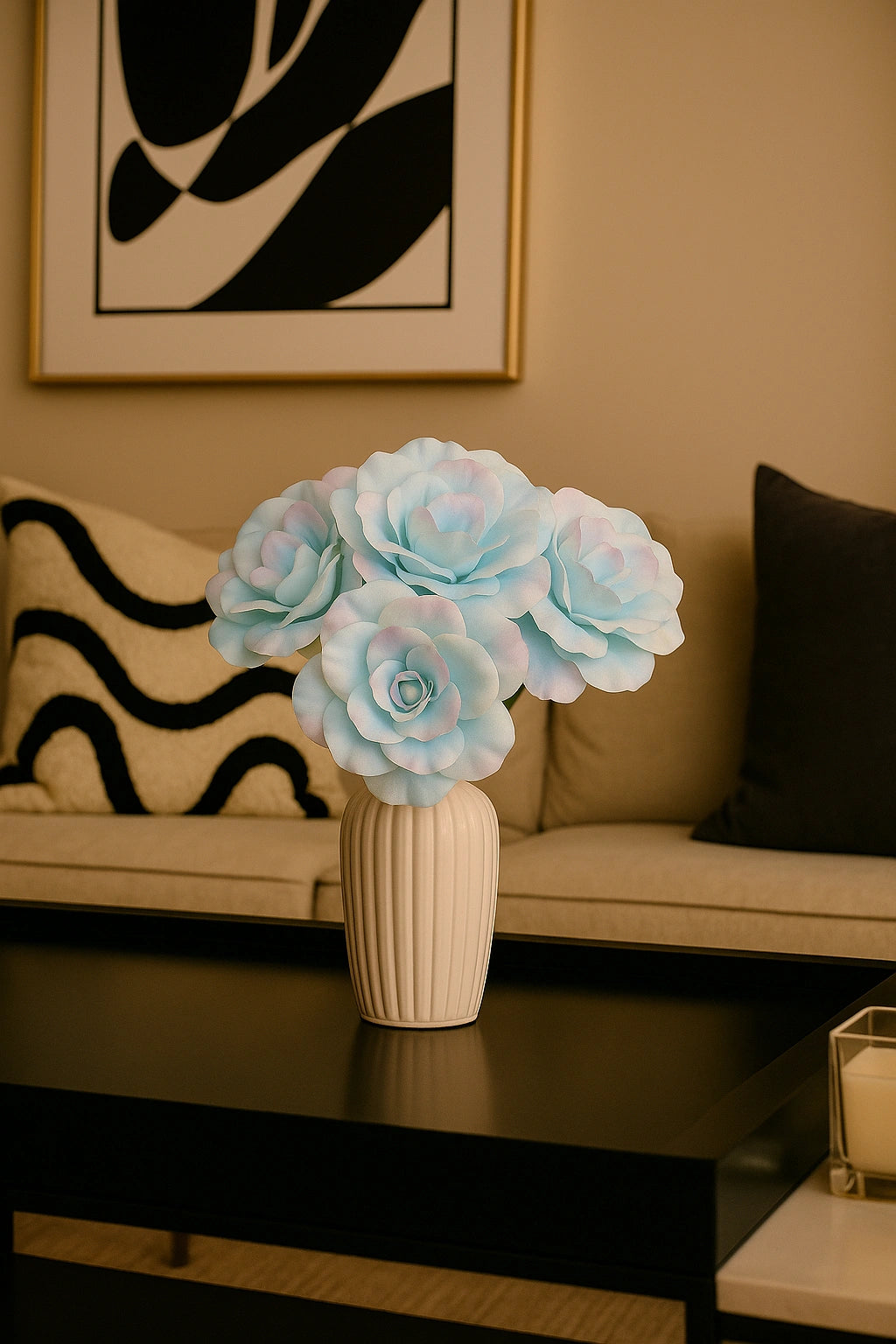 Vase with light blue flowers on a coffee table in a living room setting.