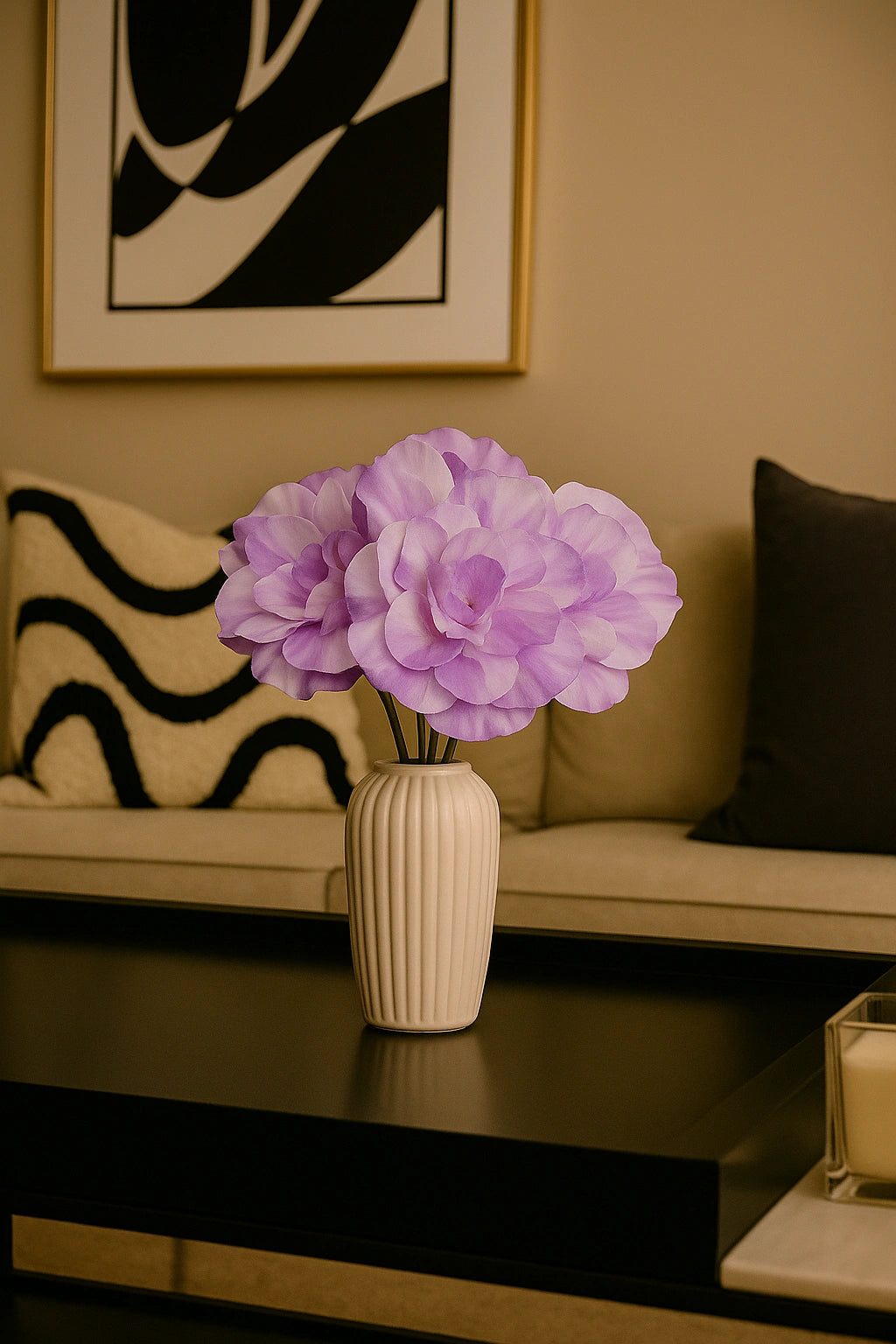 Vase with purple flowers on a coffee table in a living room setting
