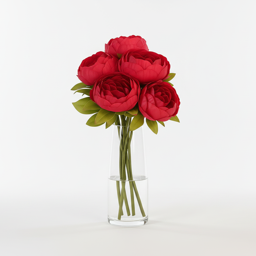 Clear glass vase with red artificial flowers on a white background