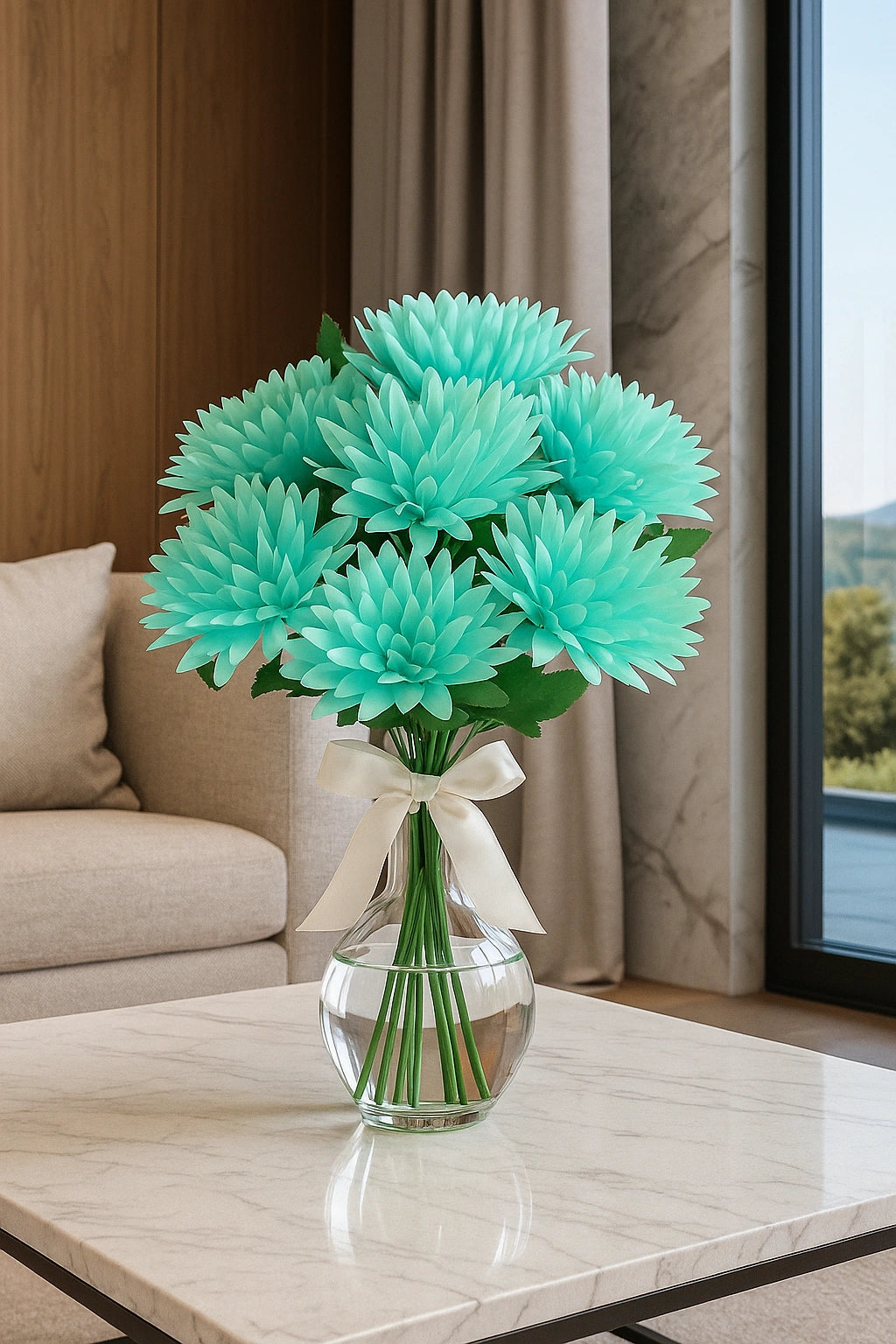 Turquoise flowers in a clear vase on a marble table with a neutral-colored sofa and window in the background.