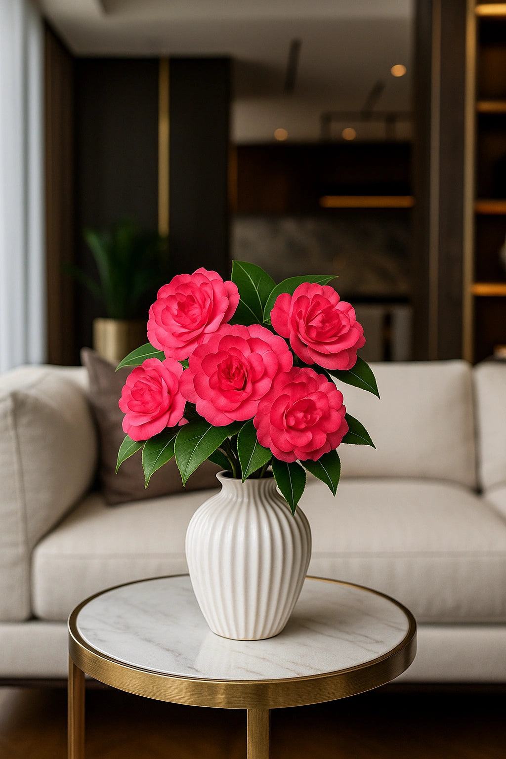 Vase with pink flowers on a marble table in a living room setting