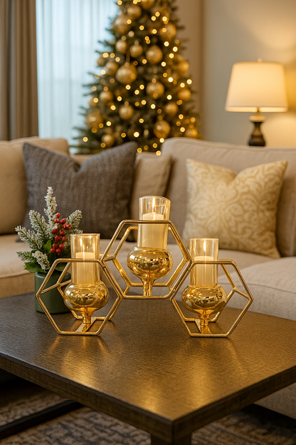 3-Cup Hexagonal Gold Candle Holder (22cm)