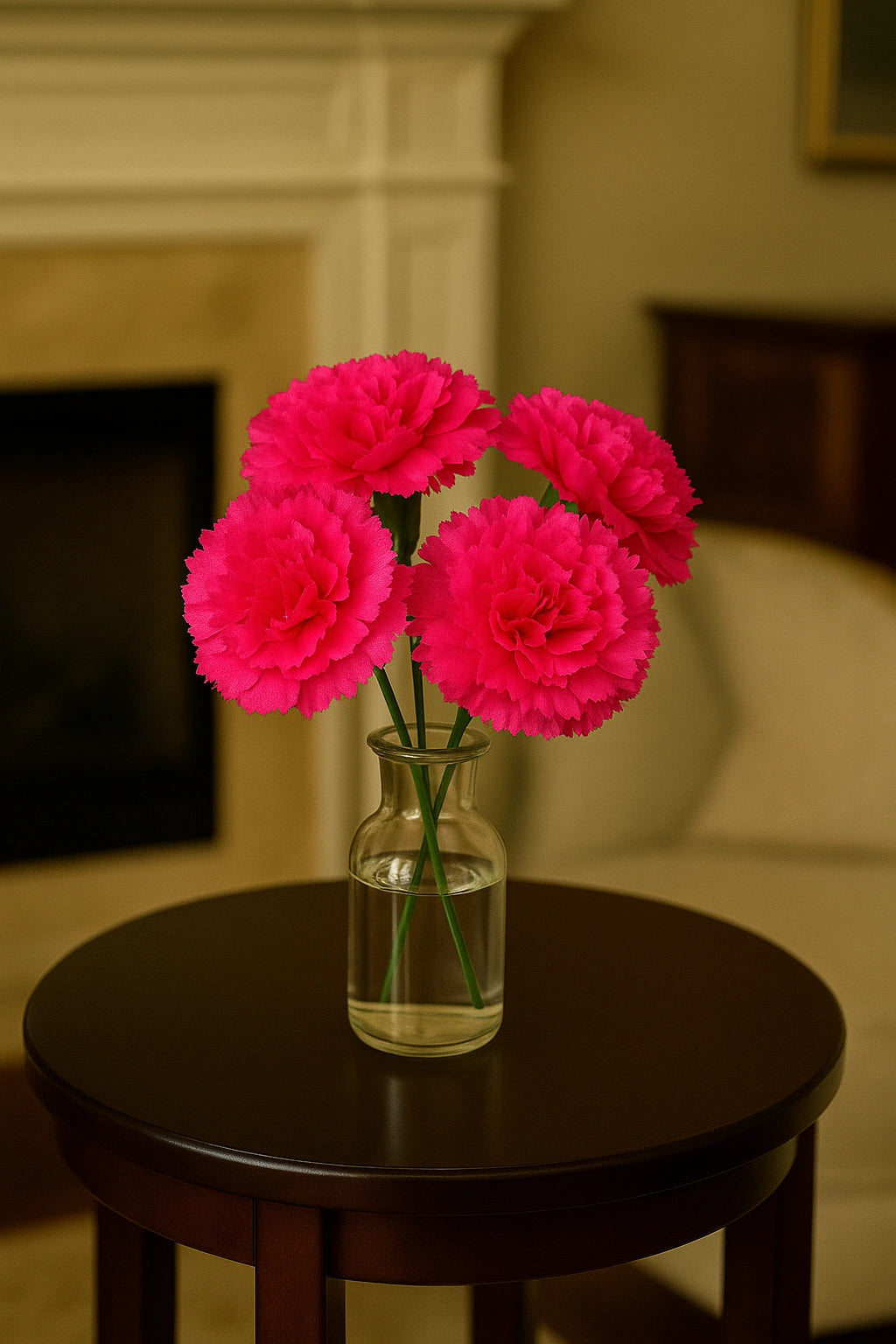 Vase with pink flowers on a wooden table in a room setting