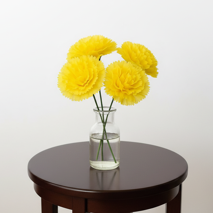 Yellow flowers in a glass vase on a dark wooden table against a white background