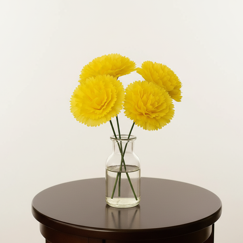 Clear vase with yellow flowers on a dark surface against a light background