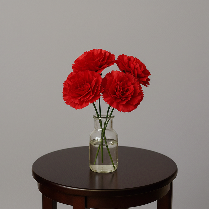 Red flowers in a clear vase on a dark wooden table with a gray background