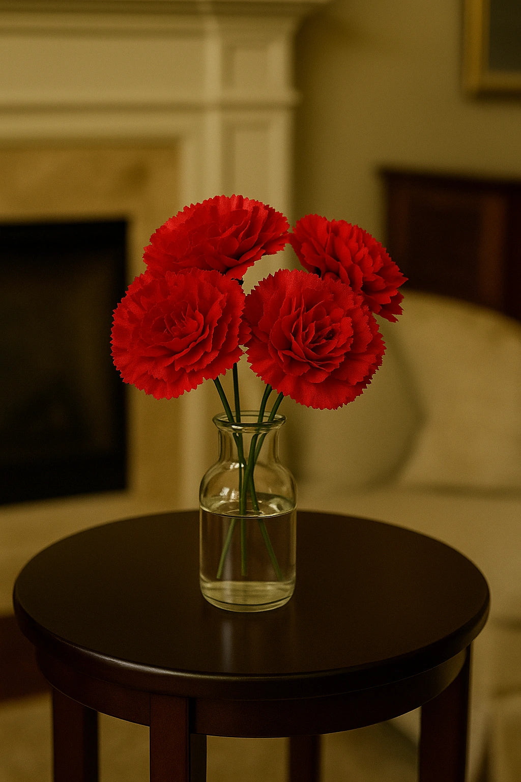 Clear vase with red flowers on a dark wooden table in a room with a fireplace and sofa.
