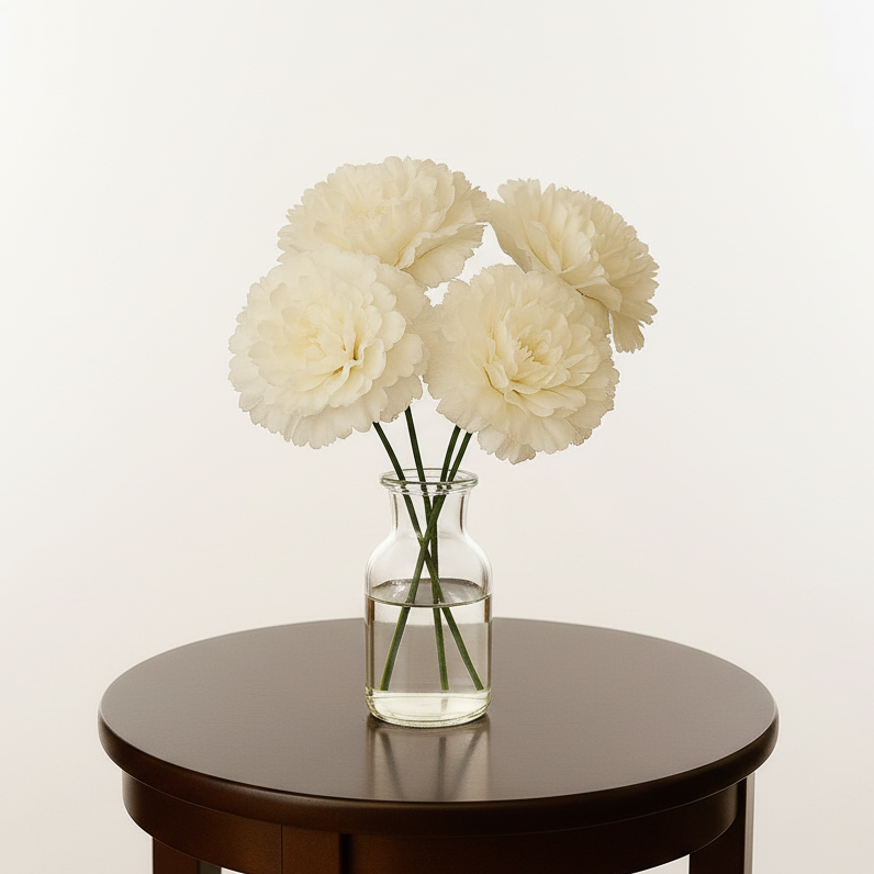 Vase with white flowers on a wooden table against a plain background