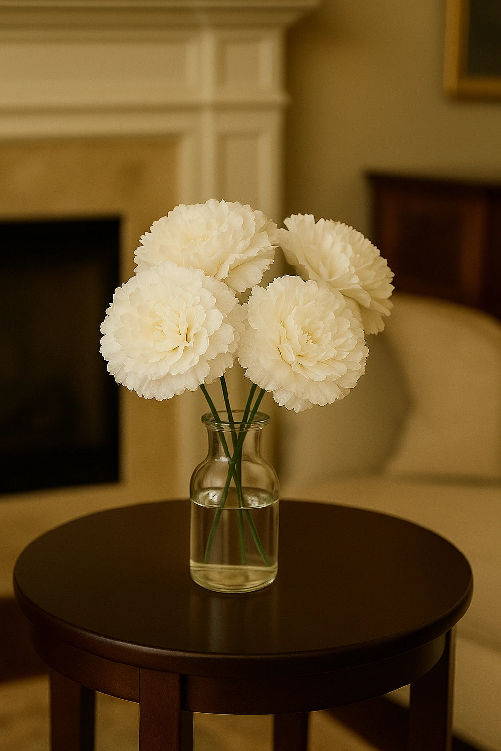 White flowers in a glass vase on a wooden table with a fireplace and sofa in the background