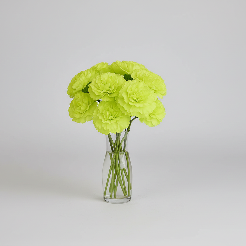 Clear glass vase with bright green flowers on a light gray background