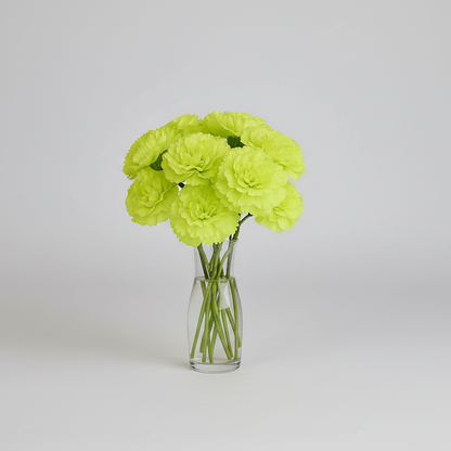 Clear glass vase with bright green flowers on a light gray background