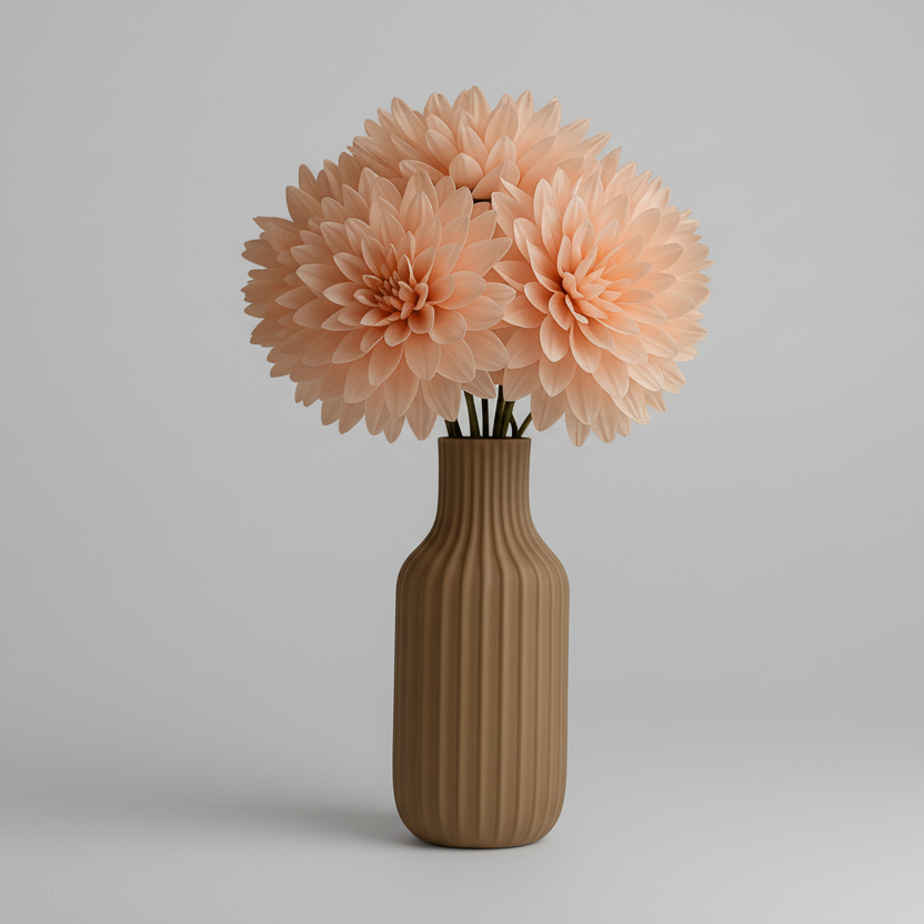 Brown ribbed vase with peach-colored flowers on a light gray background