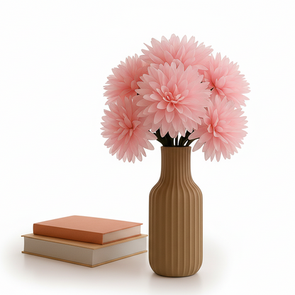 Vase with pink flowers and books on a white background