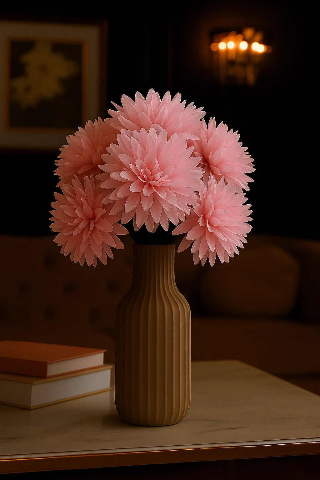 Pink flowers in a brown vase on a table with a blurred background