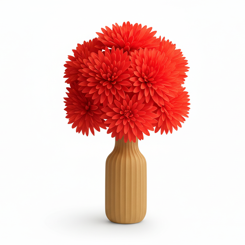 Red floral arrangement in a wooden vase on a white background