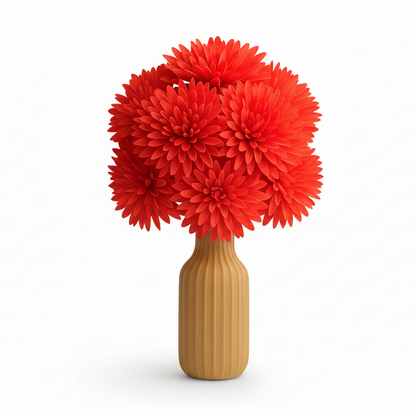 Red floral arrangement in a wooden vase on a white background