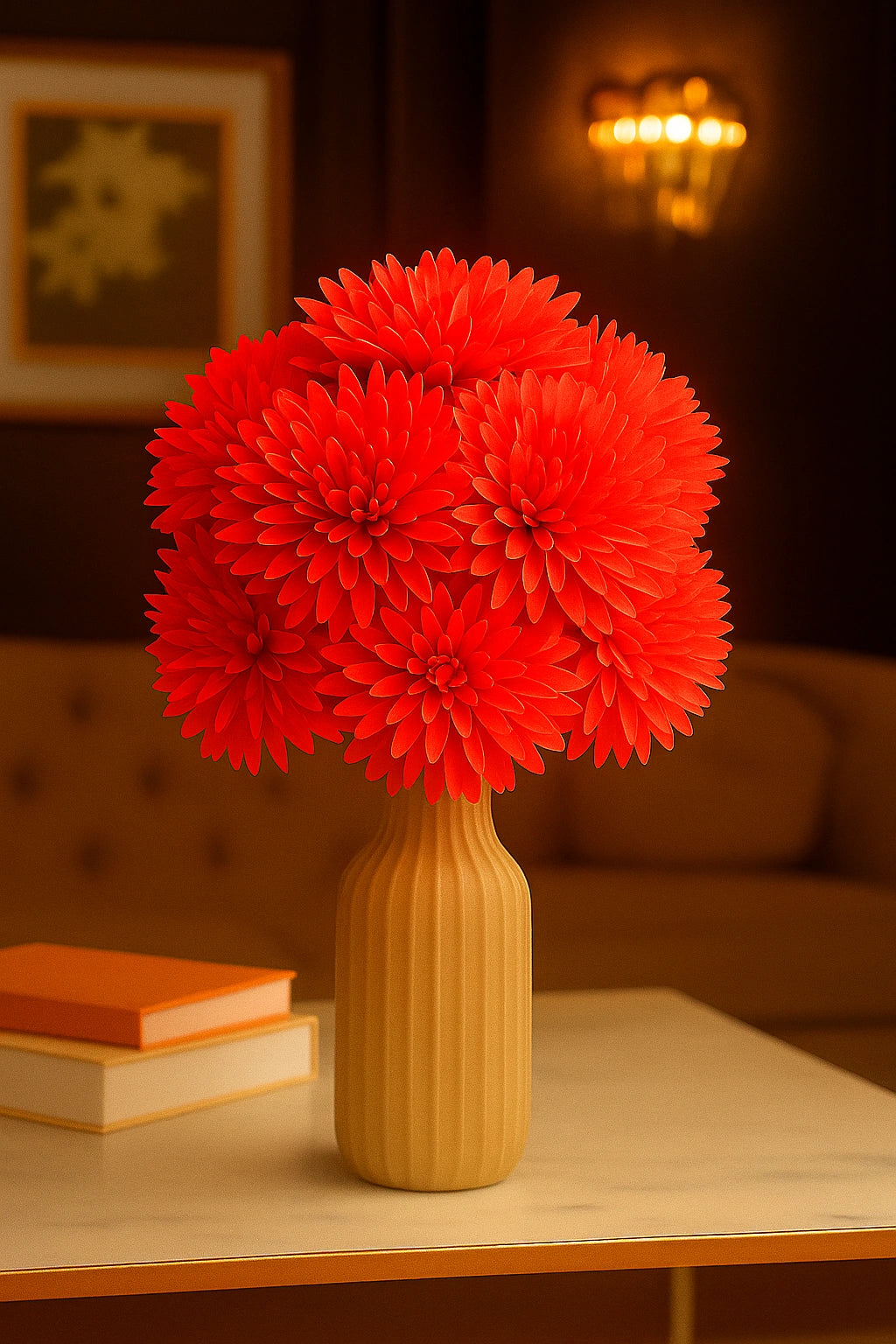 Red flowers in a yellow vase on a table with a blurred background