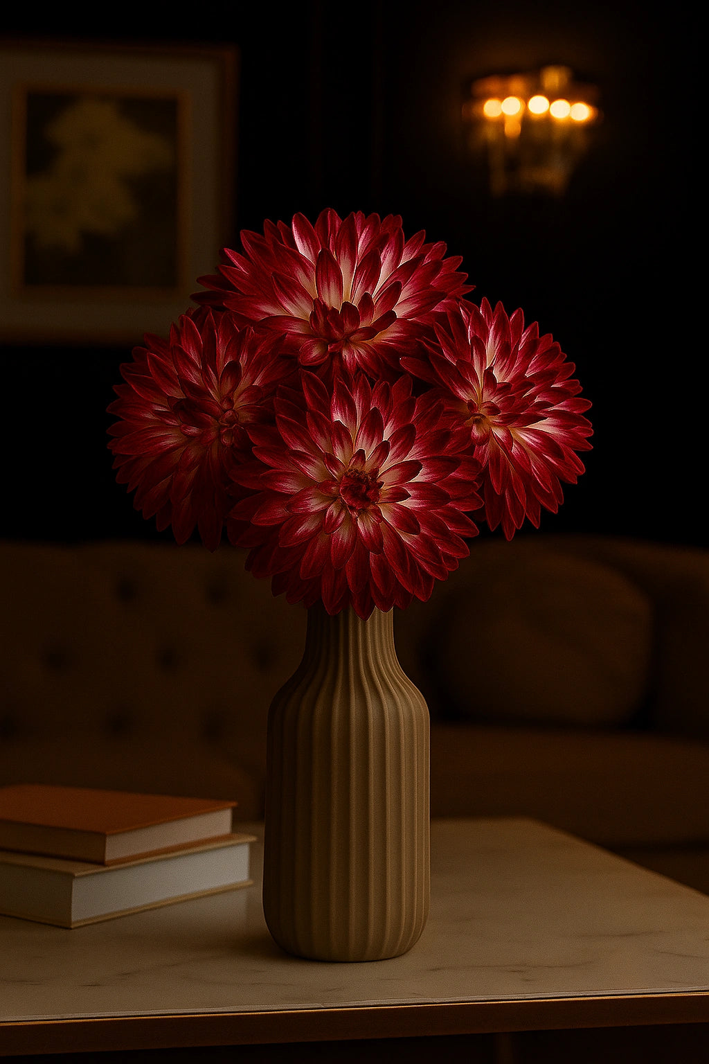 Red flowers in a vase on a table with a blurred background