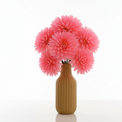 Wooden vase with pink flowers on a white background
