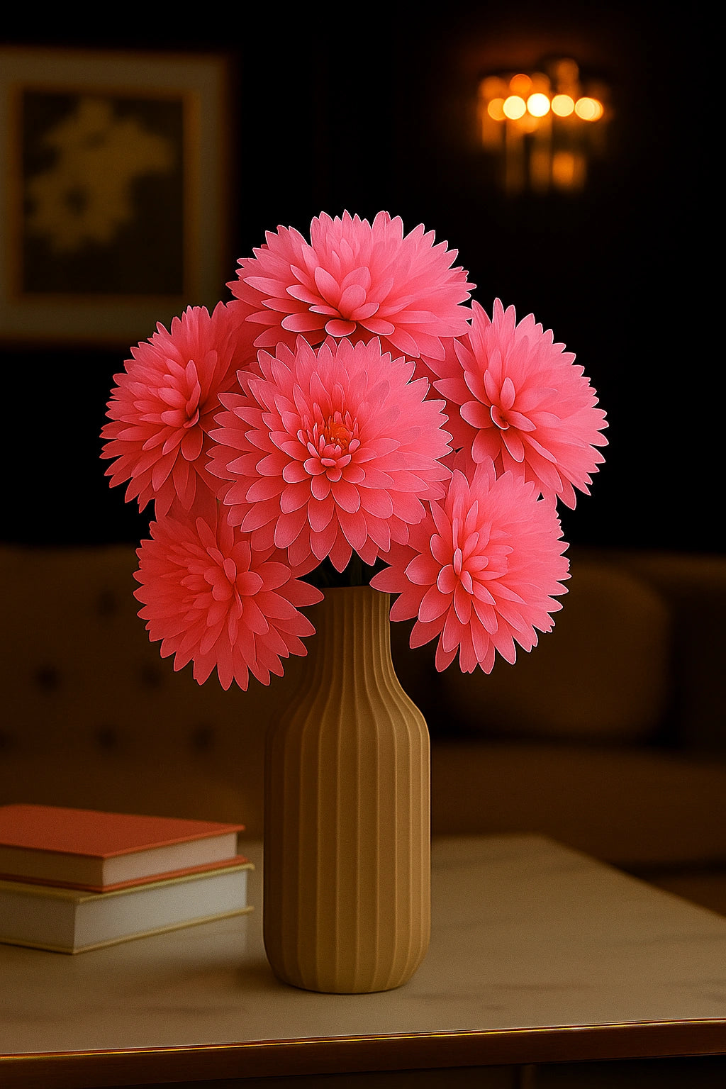 Pink flowers in a yellow vase on a table with a blurred background