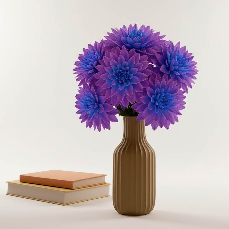Vase with purple flowers on a white surface