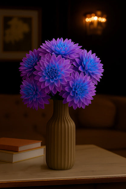 Vase with purple flowers on a table in a dimly lit room