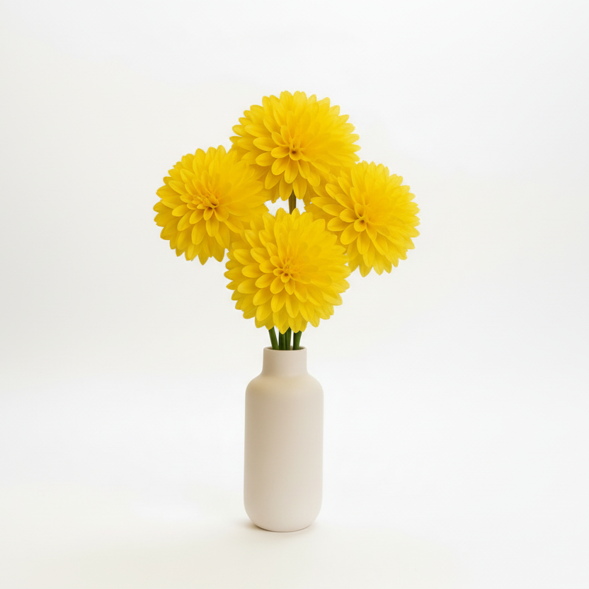 White vase with yellow flowers on a white background