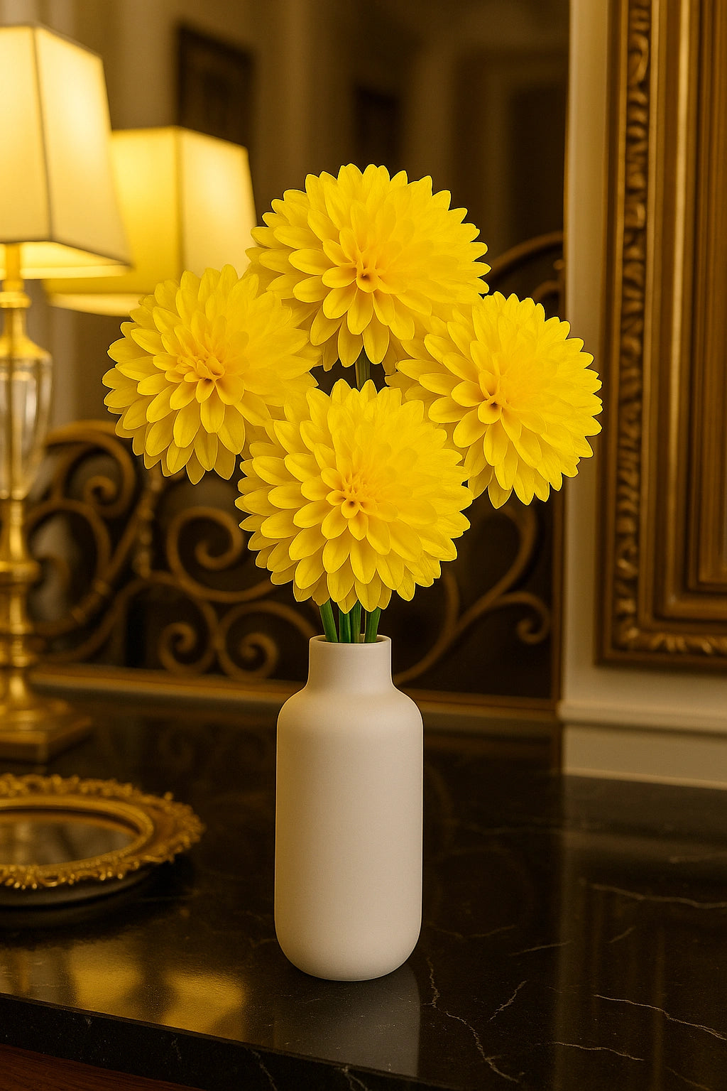Yellow flowers in a white vase on a dark surface with a decorative background