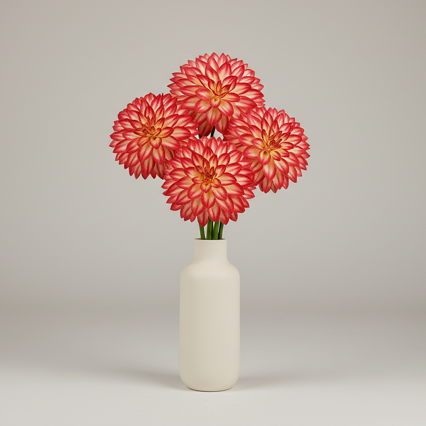 White vase with red and pink flowers on a light gray background