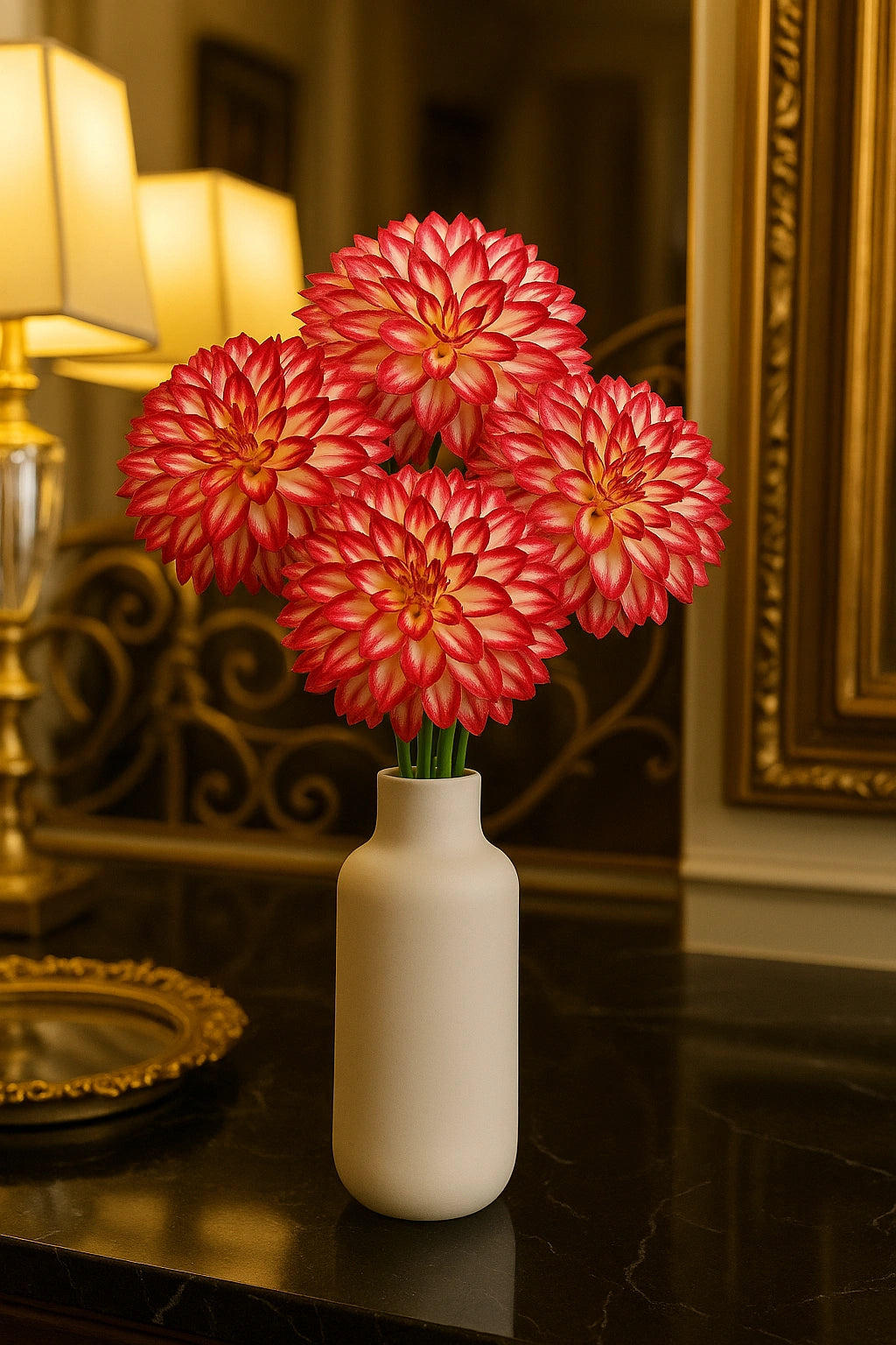 White vase with pink flowers on a dark surface with decorative background