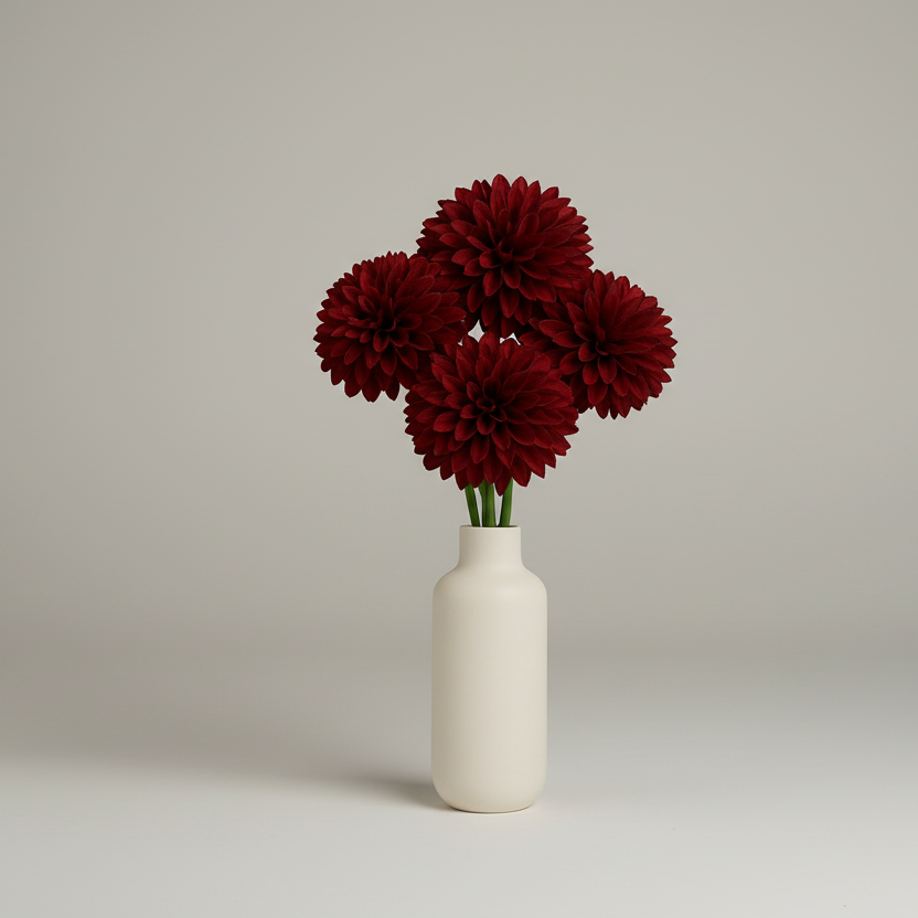 White vase with red flowers on a light gray background
