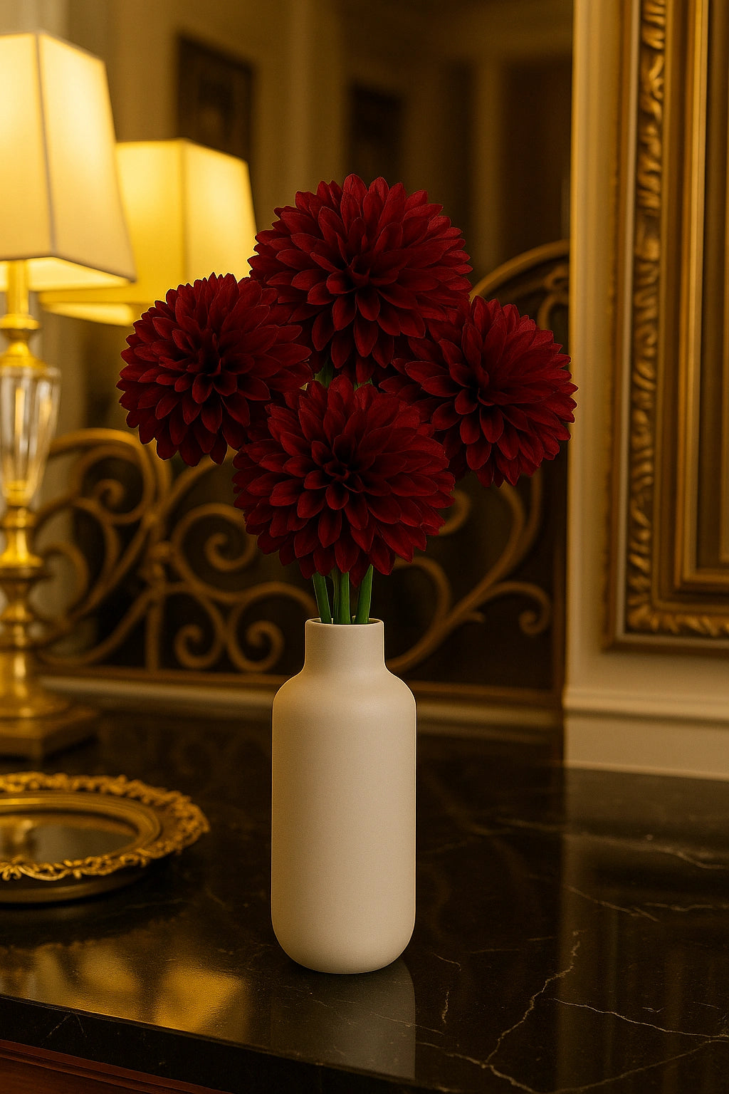 White vase with red flowers on a dark surface with decorative elements in the background