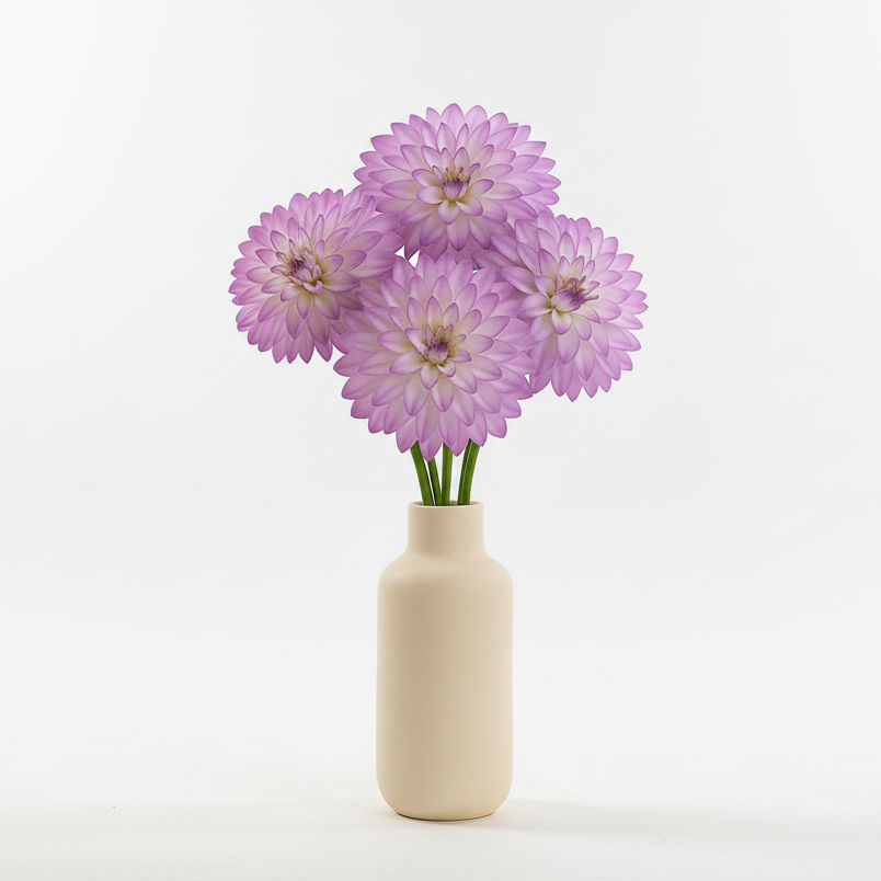 White vase with purple flowers on a white background