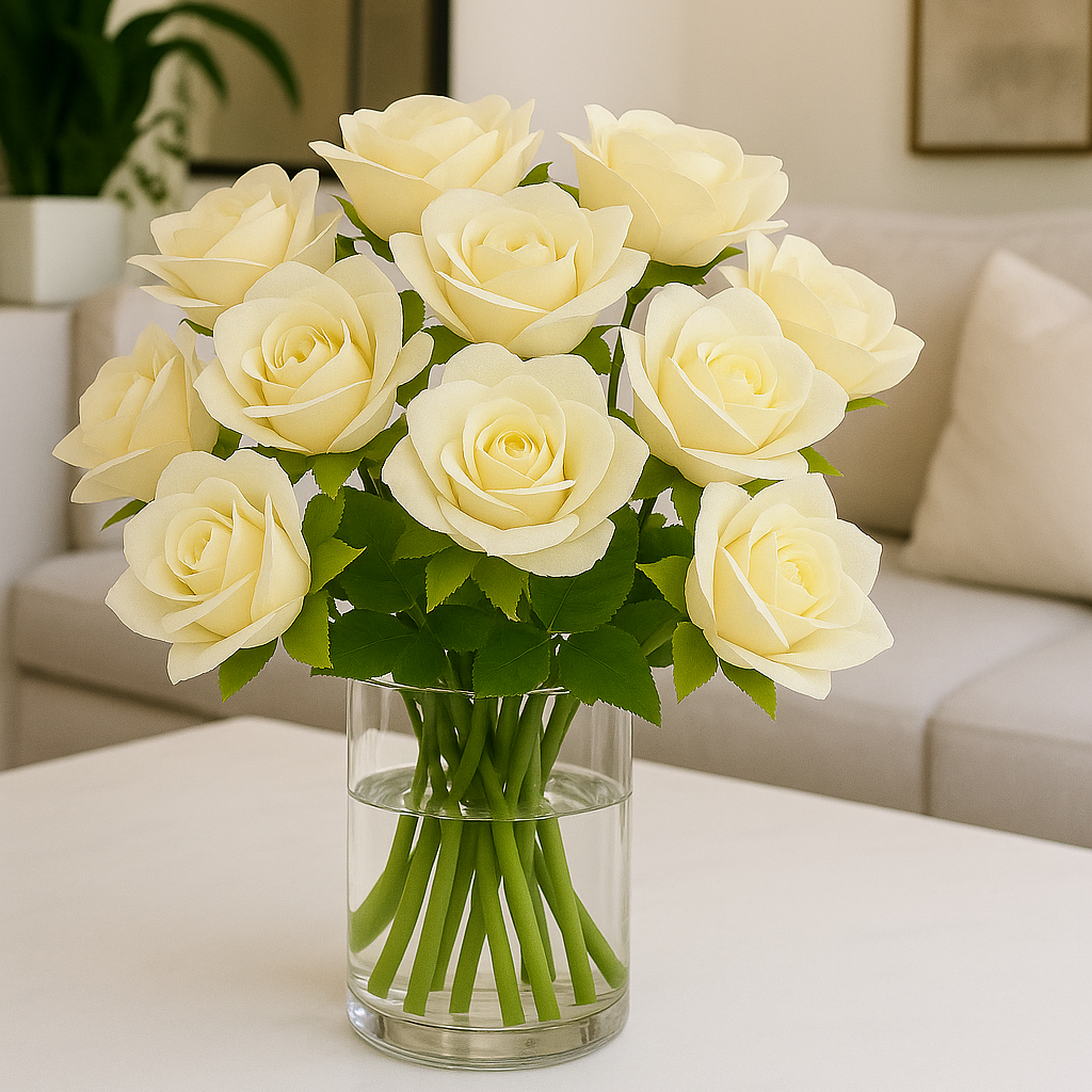 Bouquet of white roses in a clear vase on a table in a living room.