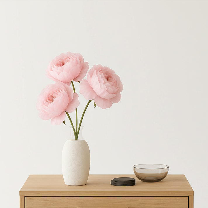 Wooden dresser with a white vase containing pink flowers on a plain background
