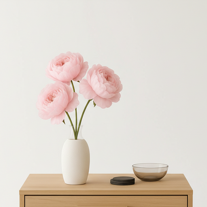 Wooden dresser with a white vase containing pink flowers on a plain background