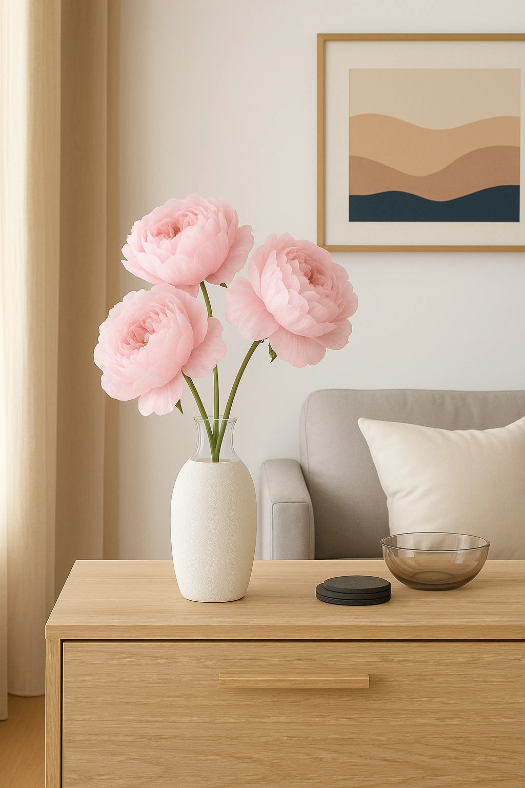 Pink flowers in a white vase on a wooden side table with a sofa and framed artwork in the background.