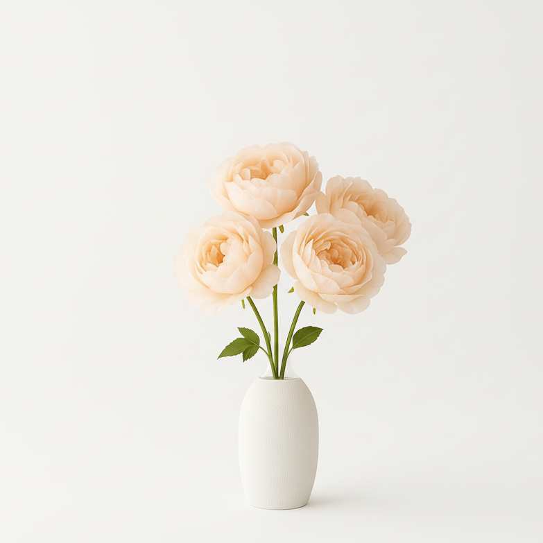 Bouquet of peach roses in a white vase on a light gray background