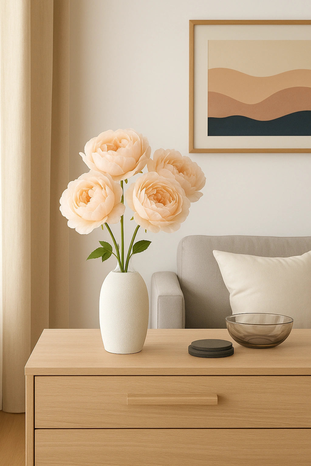 Vase with peach-colored flowers on a wooden side table in a living room setting.