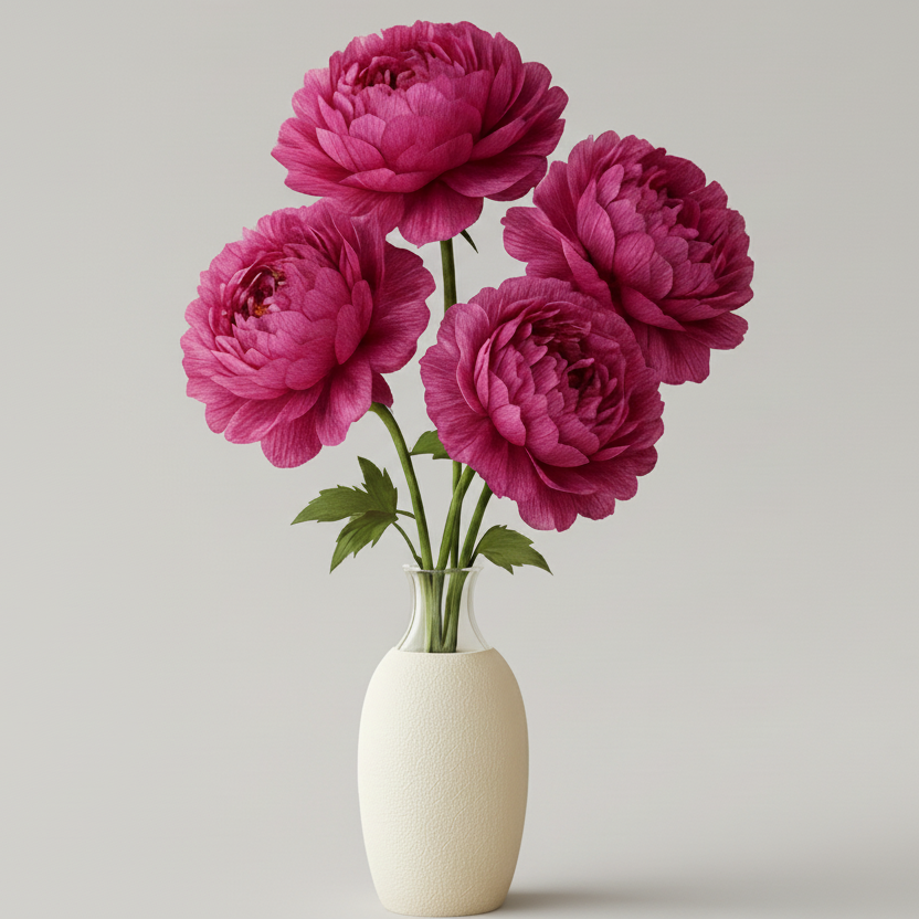 Vase with pink flowers on a light gray background